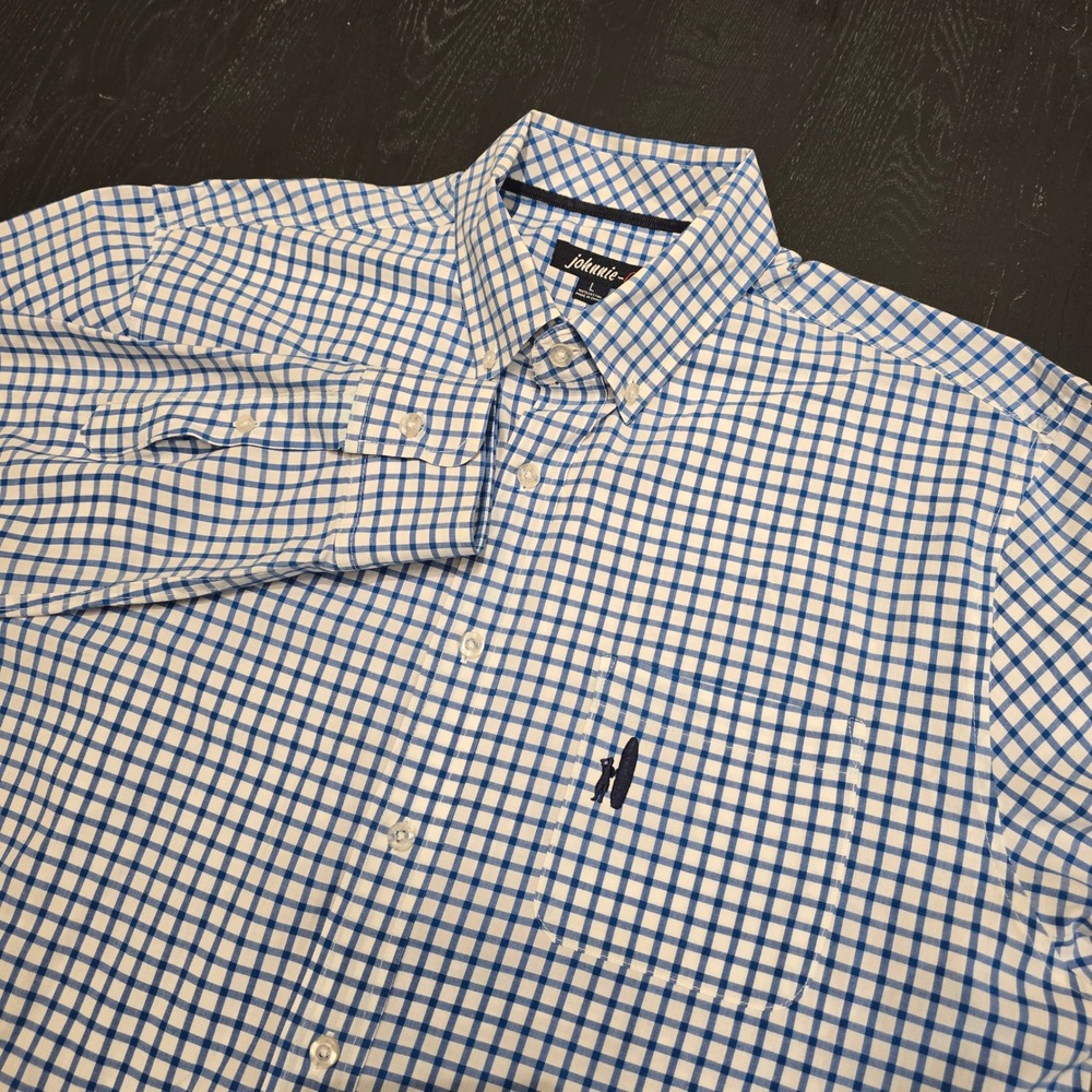 Johnnie-O Mens Blue White Gingham Check Long Sleeve Button Down Shirt Large L